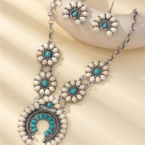 3pcs/set Vintage Style Fake Turquoise Necklace & Drop Earrings set - Picture 4 of 12
